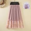 Woman's Mid-length Yarn Skirt Elastic Waist Printed Lace High Waist A-line Skirt Pleated Skirt Work Travel