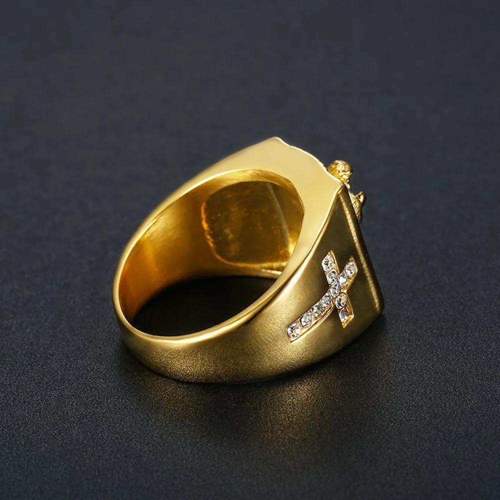 Hip Hop Iced Out Religious Jesus Cross Ring Gold Color Stainless Steel Christian Rings for Women & Men Wholesale Anel Masculino