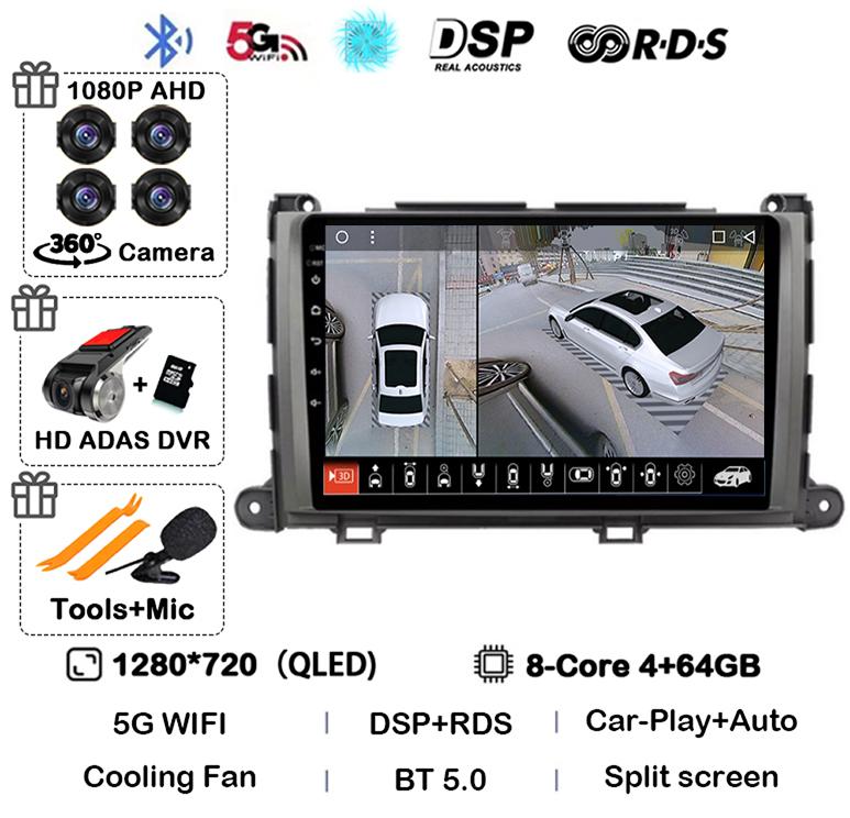 Android 14 Carplay автомобильный радиоплеер для Toyota Sienna 2009 2010 2011 2012 2013 2014 2Din мультимедиа Автомагнитола Навигация GPS DSP