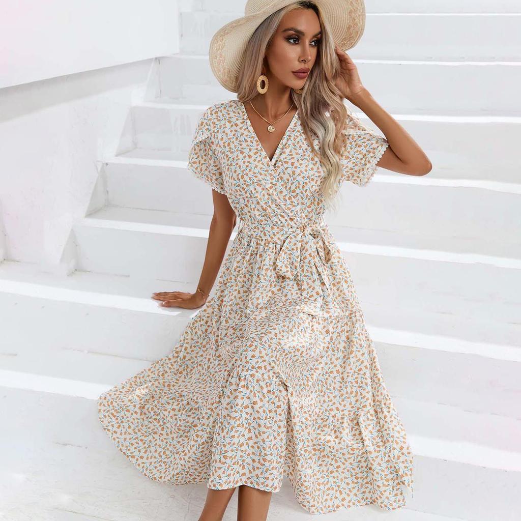 Женское летнее платье с короткими рукавами и высокой талией в этническом стиле на шнуровке