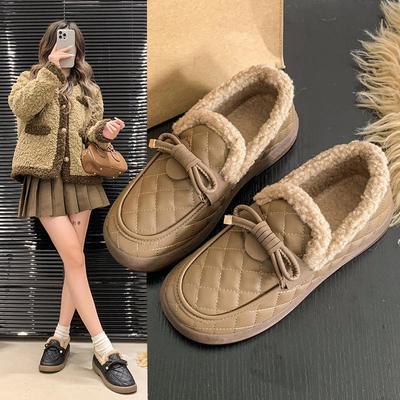 Женские бархатные меховые туфли в стиле «жаба» - D-612: Осенне-зимняя теплая обувь из хлопка.