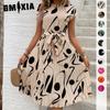 Women's Fashion Summer Spring Geometric Pattern Print Short Sleeve O-Neck High Waist Casual Dresses