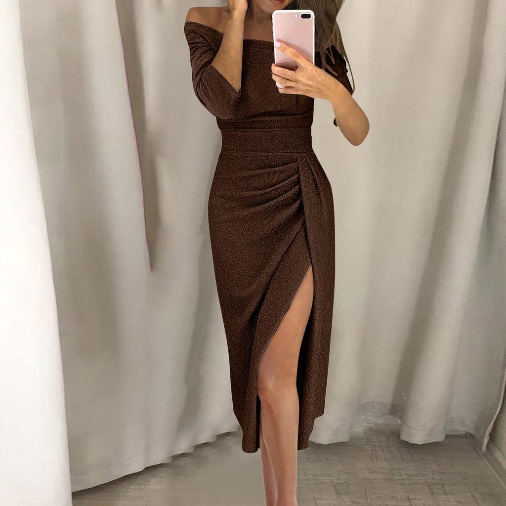 Женское модное сексуальное облегающее платье без бретелек с высоким разрезом и половиной рукава