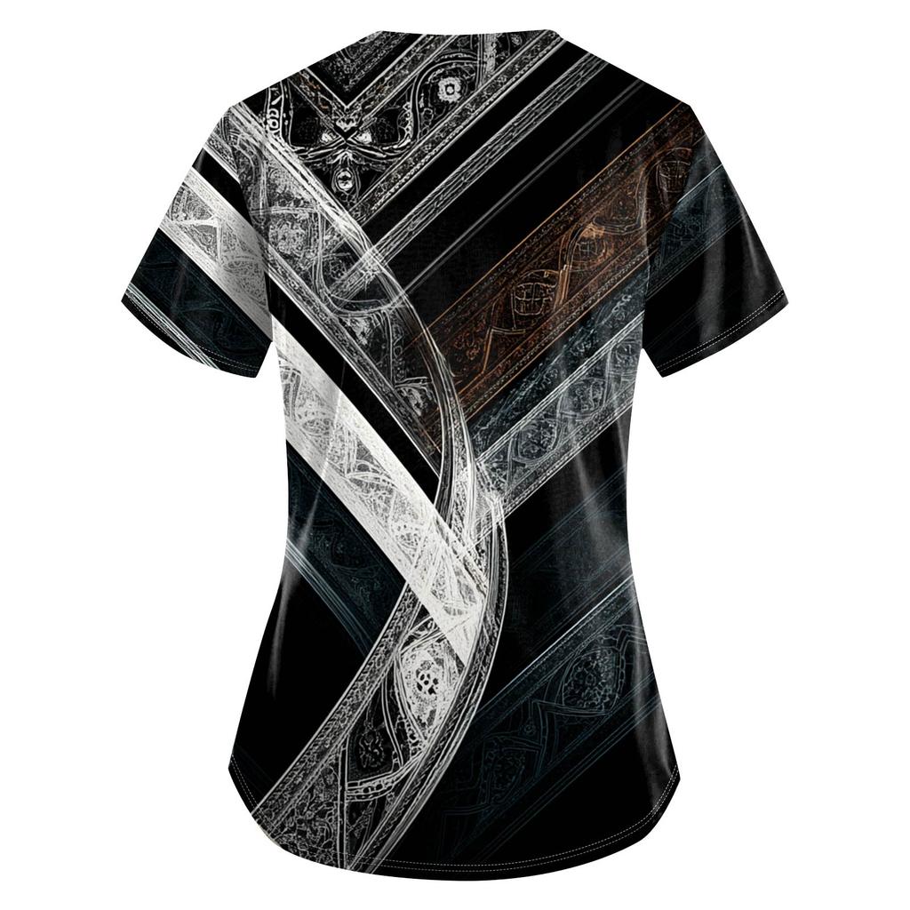 Plus Size Printed Scrub Working Uniform Tops For Women's V-Neck Print Short Sleeve Fun T-Shirts Workwear Tee With Pockets