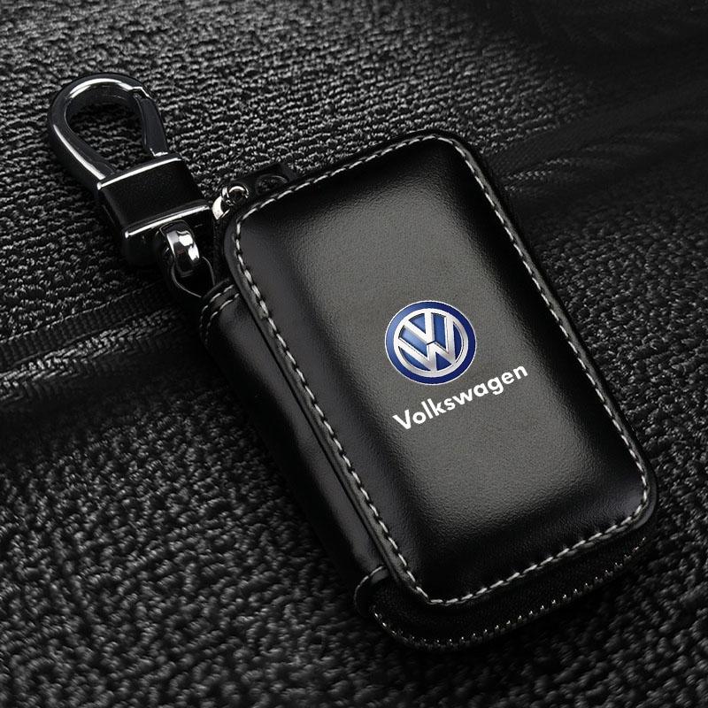 1Pcs Leather Emblem Car Key Case Keychain Zipper Key Case Bag Emblem For VW Golf Amarok T5 Phaeton ID3 Tiguan T-Cross GTI QR2