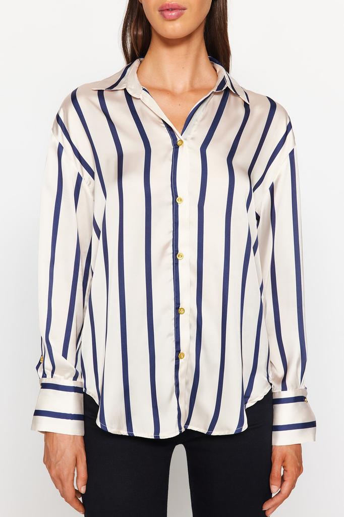 Женская модная новая рубашка в полоску из атласной ткани цвета экрю