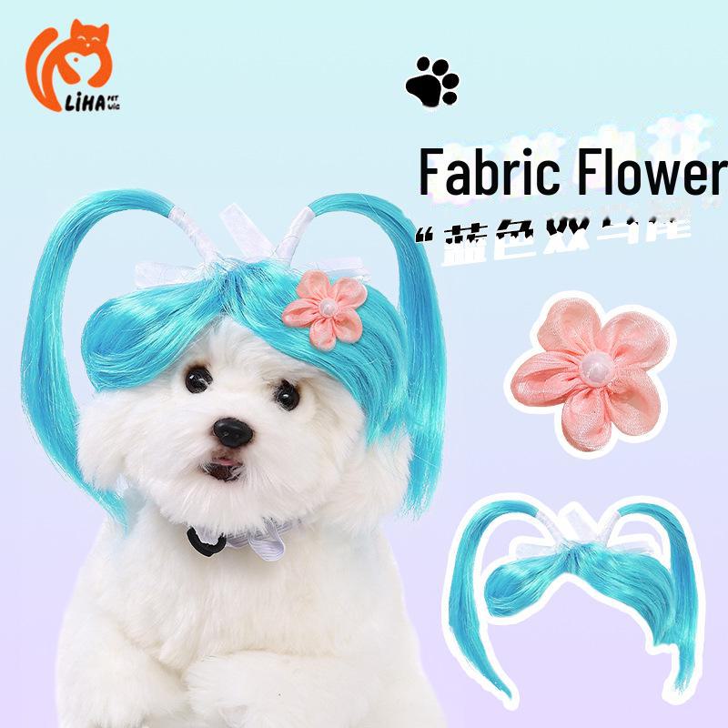 Очаровательный двойной конский хвостик, синий парик для домашних животных - милый головной убор для переодевания кошек и собак