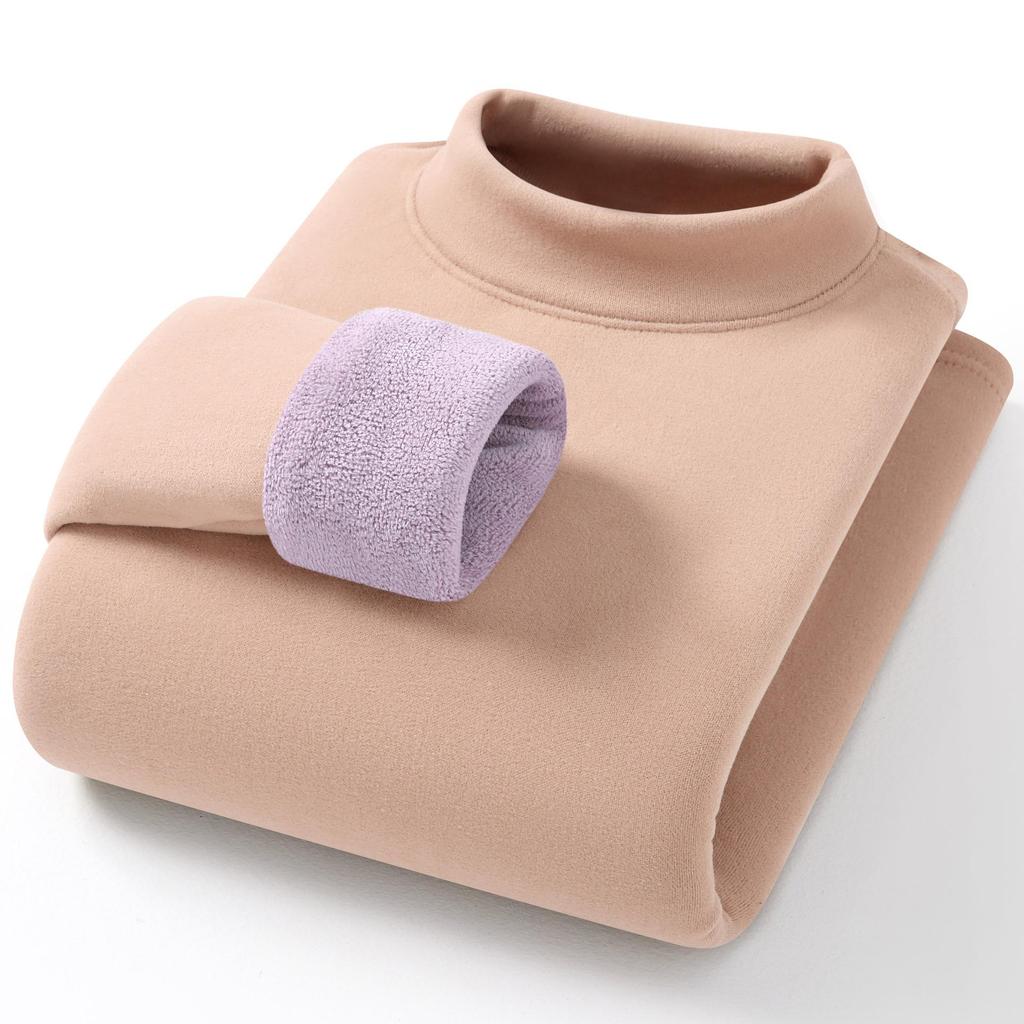 Camel Wool Women's Thick Fleece-Lined Semi-High Neck Top for Autumn/Winter