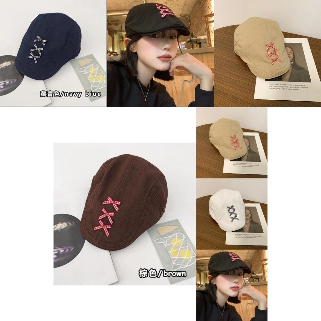 Trendy Retro Womens Beret Hat With Bowknot Cotton Blend Newsboy In Black Fall