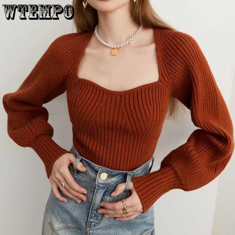 Винтажная однотонная футболка с квадратным вырезом в стиле литературы и искусства, женский осенне-зимний свободный тонкий свитер с длинными рукавами