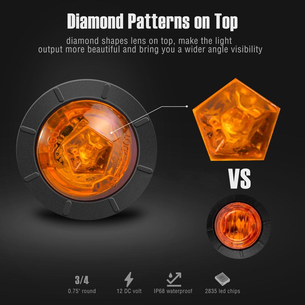 12V Waterproof IP68 Universal Signal Light 3/4" Round Trailer Side Marker Light Truck Clearance Lights Truck Turn Signal Lamp