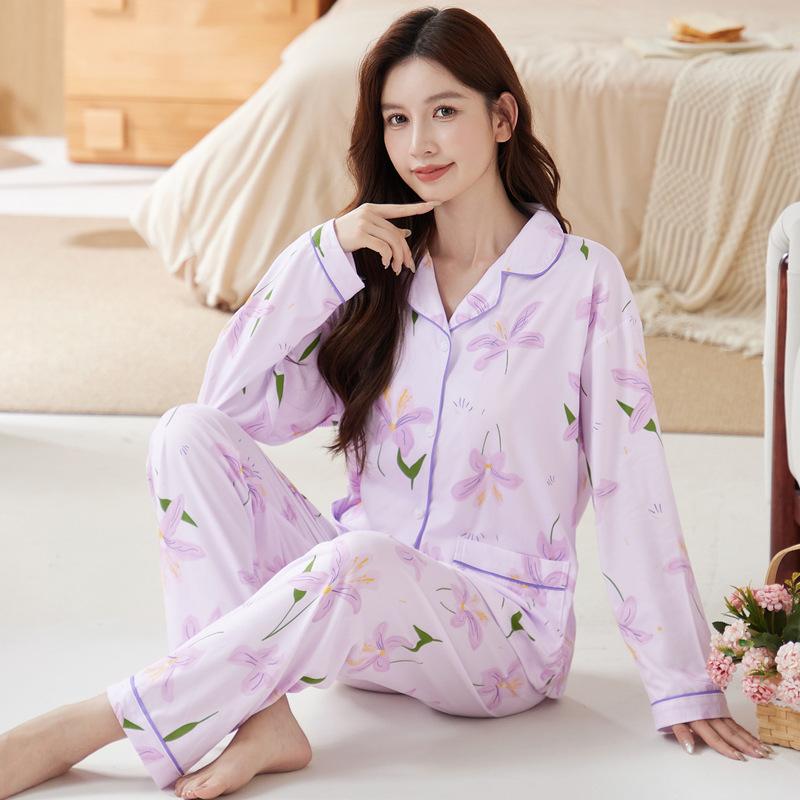 Imitation cotton pajamas women's spring and autumn high-end luxury printed cardigan long-sleeved new middle-aged loungewear set