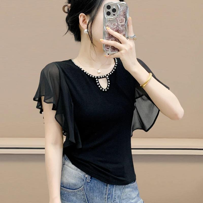 Summer Women's European T-Shirt Sexy O-Neck Hollow Out Hot Diamonds Design Tops Ladies Chic Short Sleeve Slim Tees