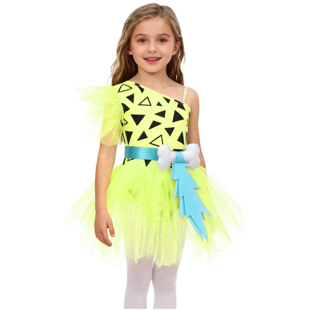 Girls Cavegirl Outfit Patchwork Tutu Dress Adjustable Strap Mesh Short Sleeve Built In Briefs 3D Bone Belt Prehistoric Costume