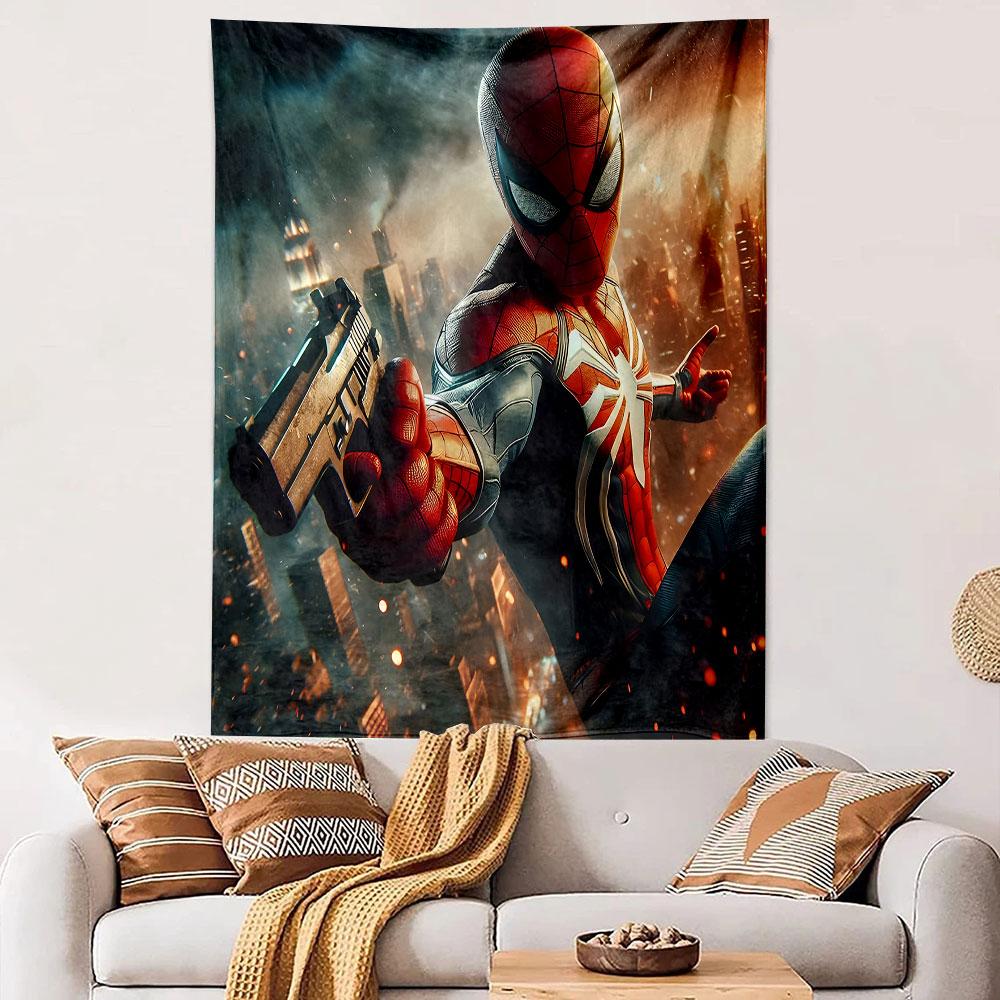 "Heroic Spider Warrior in Fiery Cityscape" Patterned Tapestry Decorative Wall Hanging, Home Bedroom Living Room Decor