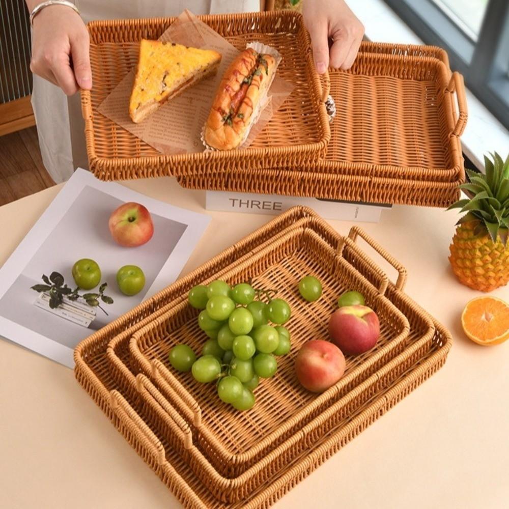 Handwoven Wicker Serving Tray Woven Handheld Plastic Rattan Storage Tray Kitchen Storage
