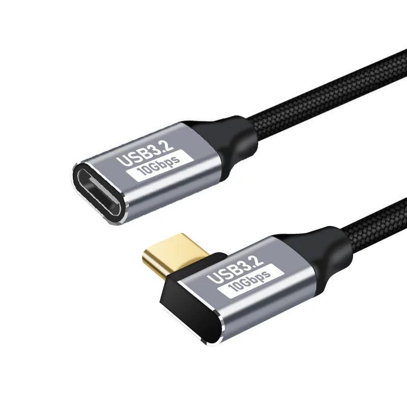 Удлинительный кабель USB C под углом 90 градусов, передача питания 100 Вт, передача данных 10 Гбит/с, USB 3.1 Gen 2, плетеный кабель «папа-мама»
