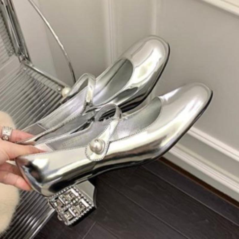 Туфли для женщин Мэри Джейн Женская обувь Готика Круглый носок на среднем каблуке Кристаллы бриллианты Стразы Жемчуг Популярные Стильные
