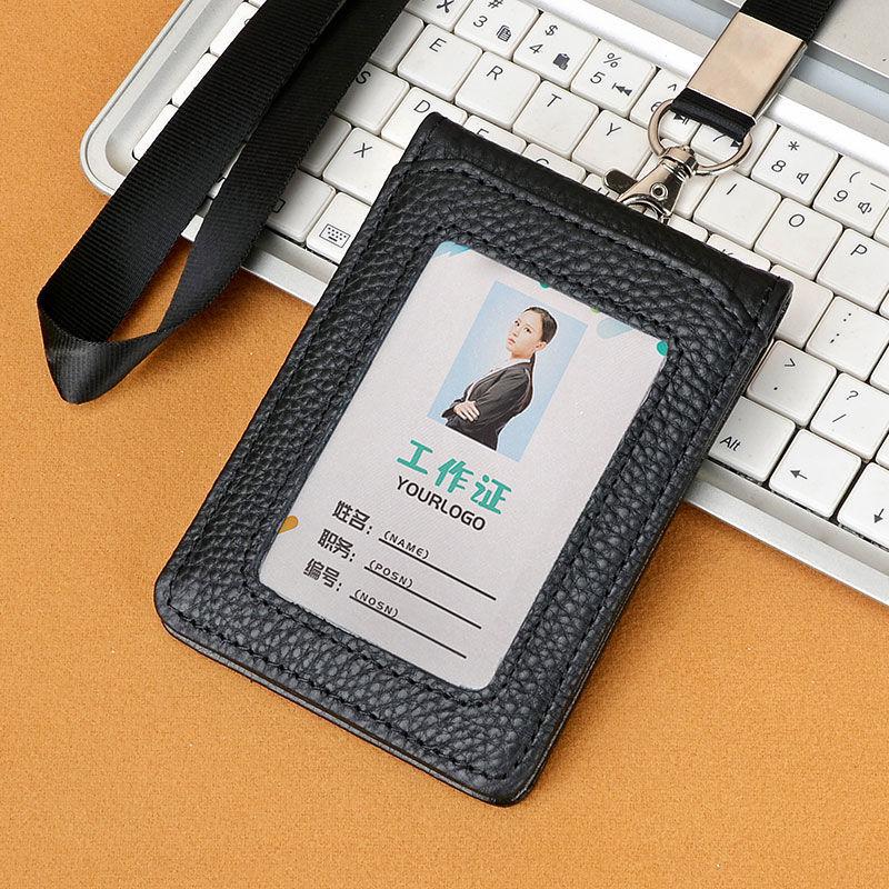 Luxury Business Work ID Badge Holder with Lanyard Multiple Card Slots Staff Office Supplies Genuine Leather Men and Women Name Tag Bus Card Holders