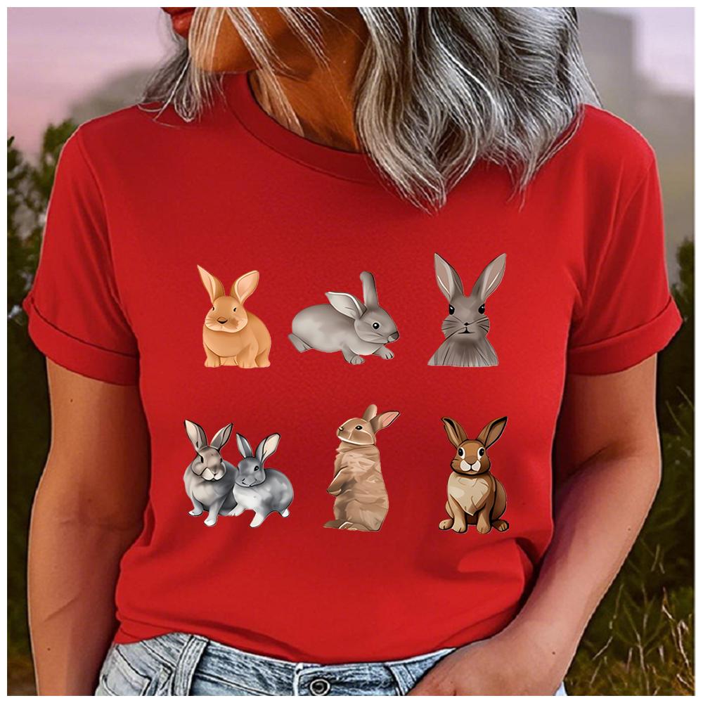 Unisex 100% Polyester Cartoon Rabbit Print Loose round Neck Short Sleeve Fashion Summer Top Different Postures