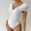 2025 Summer European & American Solid Lace-Trim Deep V Backless Bodysuit