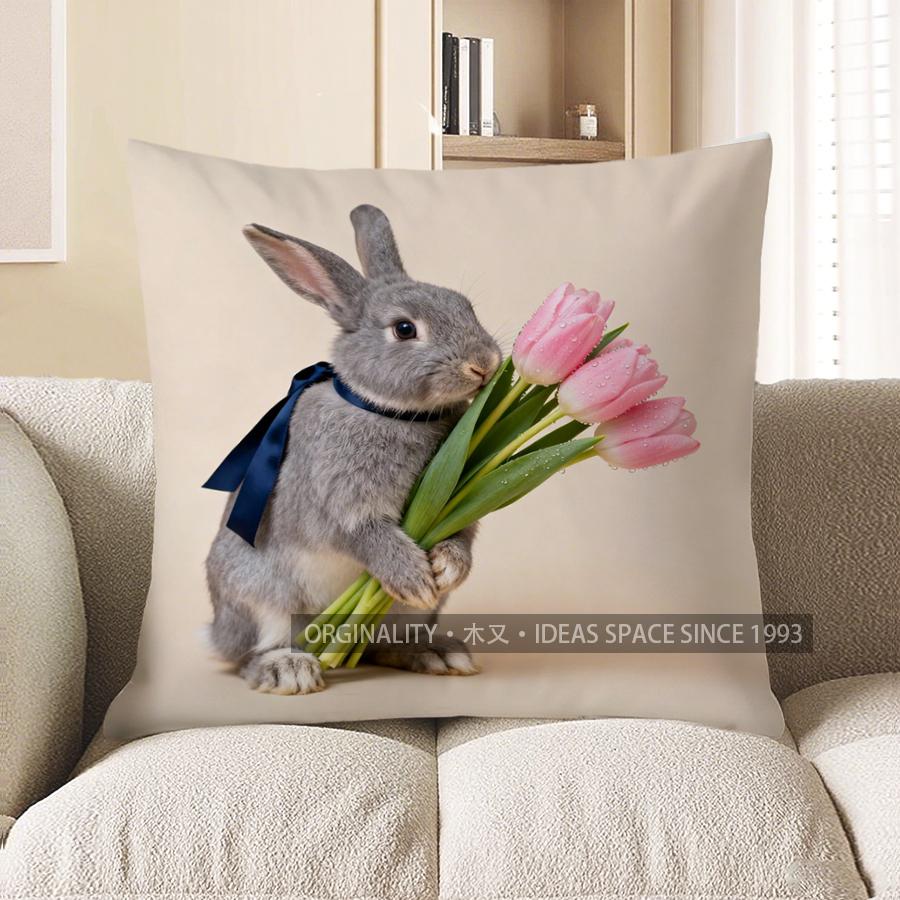 2D Серый кролик с розовыми тюльпанами Наволочка Чехол для подушки Подходит для дивана Спальни Автомобиля