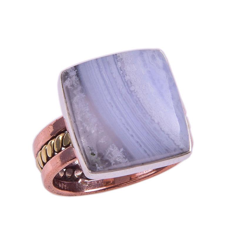 Двухцветное кольцо из натурального синего кружевного агата из стерлингового серебра 925 пробы S.7 q8f38