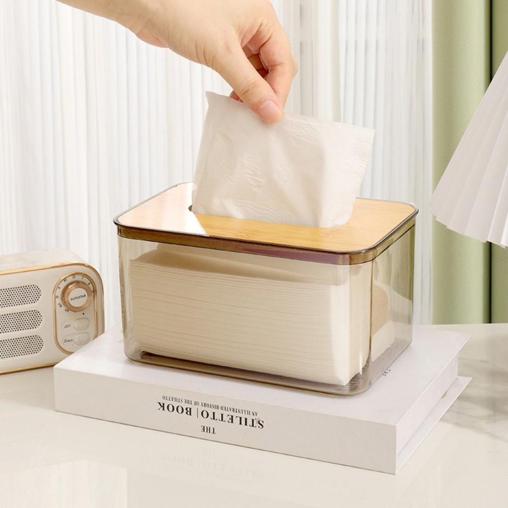 Plastic Clear Tissue Box Wooden Cover Transparent Paper Towel Box Multifunctional Durable Napkin Holder Household Use