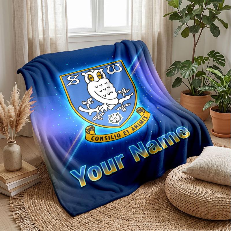 Sheffield Wednesday FC Custom Name Text Flannel Blanket Soccer Logo Personalized Fleece Throw Blanket Special Gift For Sofa Bedroom Home