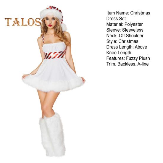 1 Set Christmas Costume Includes Dress Hat And Foot Cover Fuzzy Plush Trim Snowman Cosplay Club Dance Performance Drama Stage Opera Photography Outfit