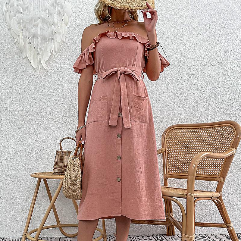 Летнее женское однотонное плиссированное платье с открытыми плечами и длинными карманами на шнуровке