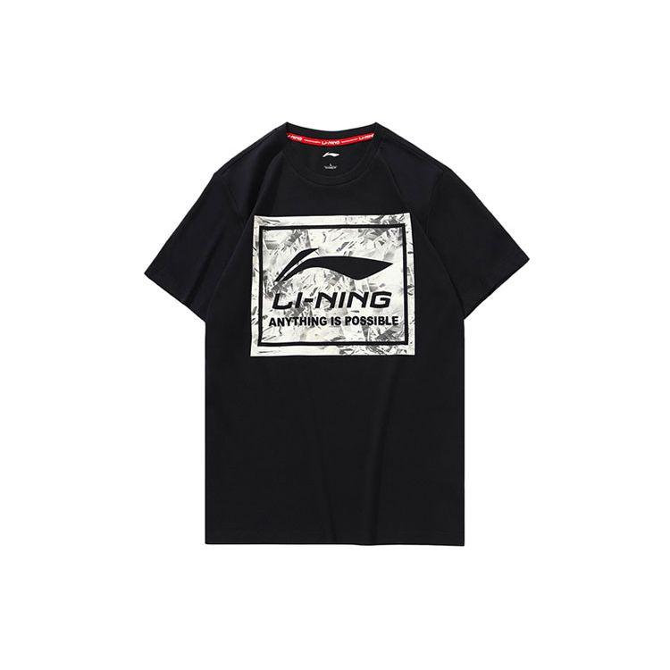 Li Ning Sports Fashion Series Повседневная спортивная футболка с принтом и коротким рукавом из дышащего материала для мужчин, топы, черный цвет AHSP493-2