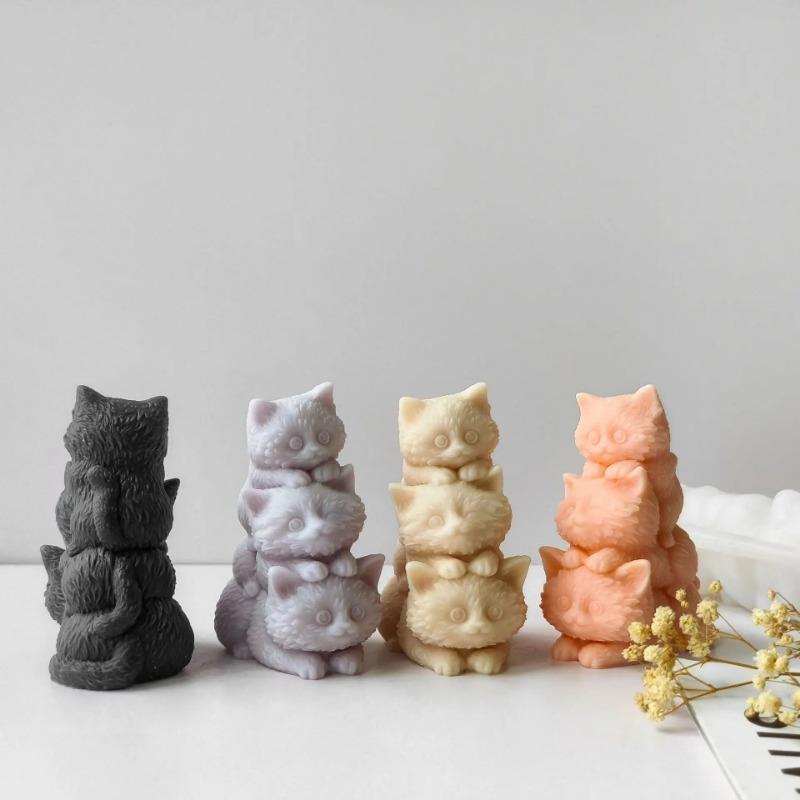 DIY Animal Three Kittens Silicone Mold Stacking Cats Cute Aroma Candle Гипсовые украшения Формы для ароматерапии автомобиля