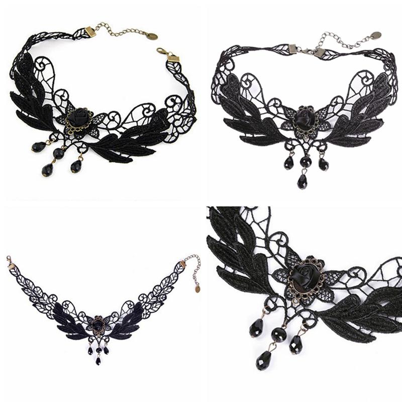 Женское ожерелье-чокер с подвеской в виде капли черной розы в стиле Лолиты