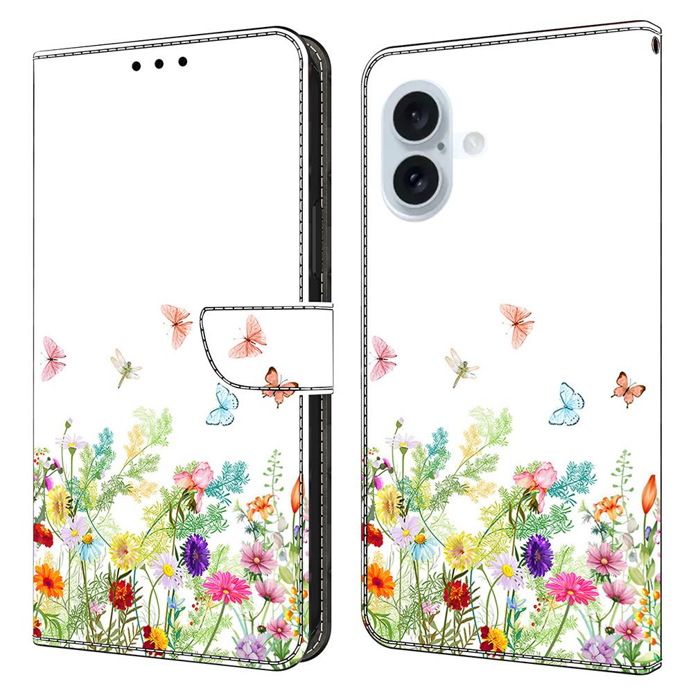 Для iPhone 16 Plus Кожаный чехол с печатью узора Кошелек-подставка Книжка-чехол для телефона