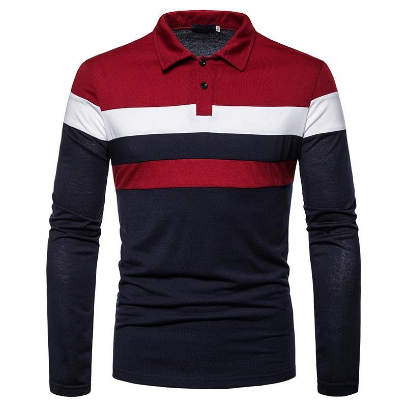 Men Turn Down Collar Long Sleeve Color Block Casual Polo Shirt