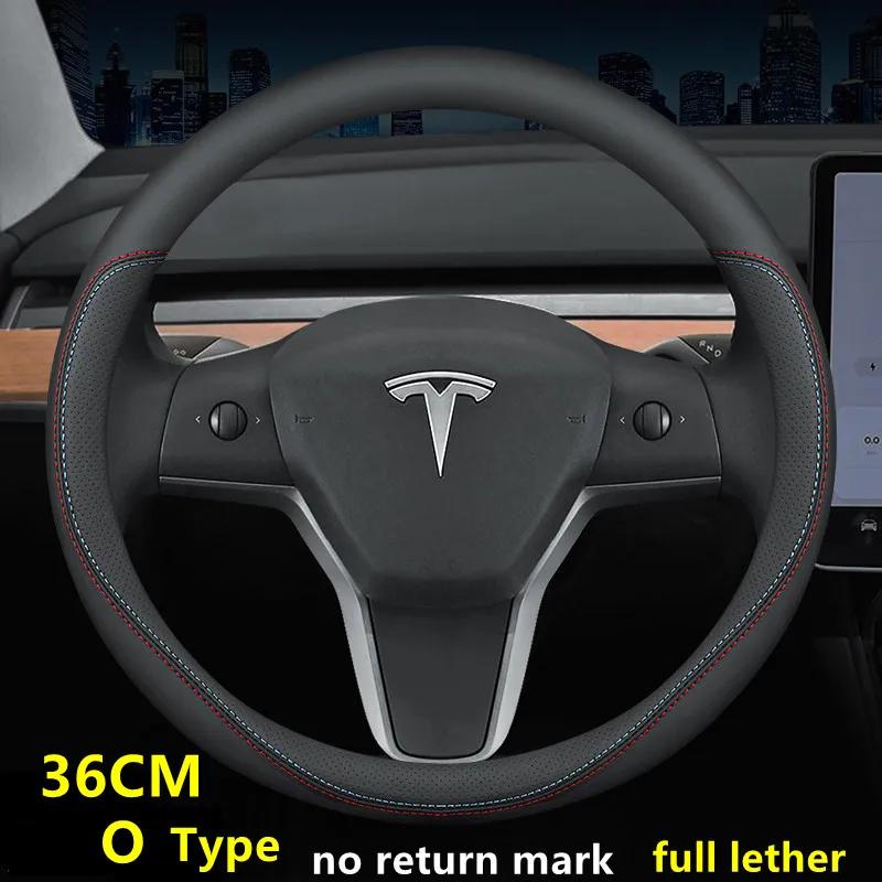 Кожаный чехол на руль автомобиля для Tesla Model 3 Y S X 2024 36-38 см Черный Автоаксессуары для интерьера