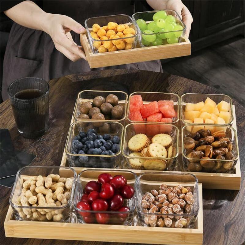 Qianxing Gold Rim Glass Divided Serving Platter with Lid and Tray