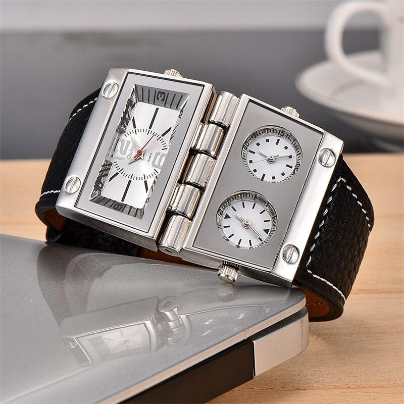 Three Time Zone 2 Dials Sport Watches Men Big Quartz Clock Male Genuine Leather Casual Military Wristwatch