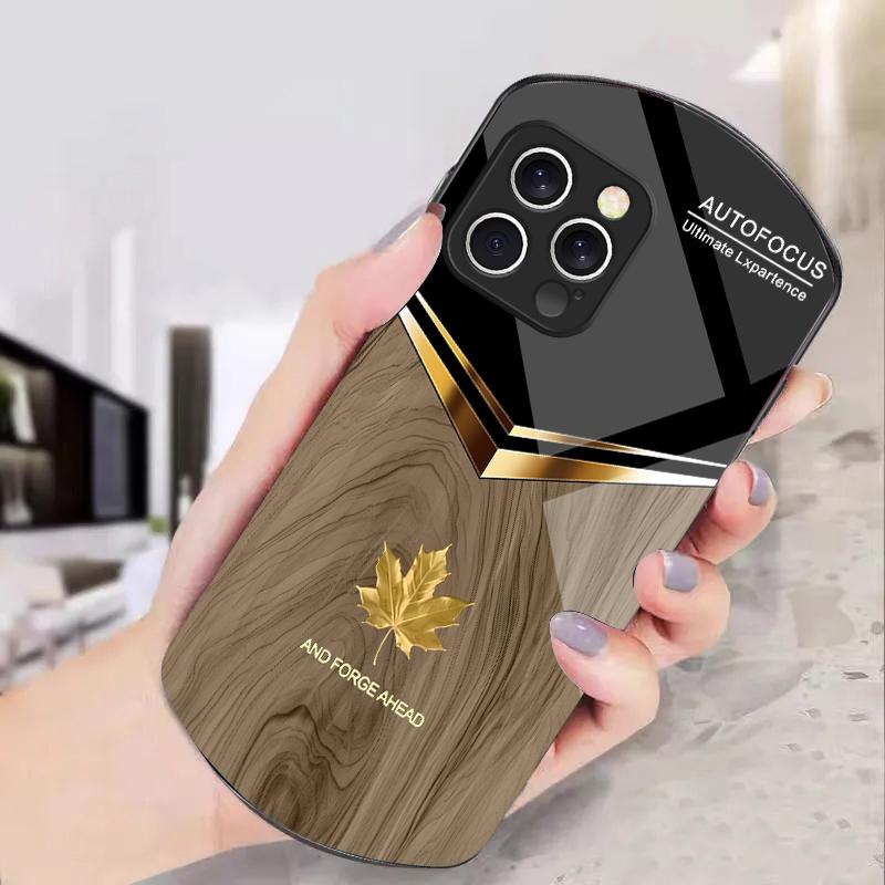 V-shaped Maple Leaf For Iphone 11 12 13 14 15 16 Pro Max Plus Mini 7 8 Se 2020 X Xs Xr Elliptical Tempered Glass Phone Case