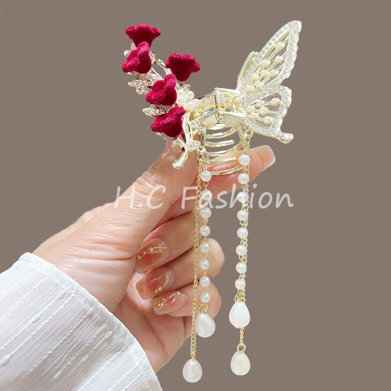 Tassel Butterfly Pearl Hair Clip Women Hair Claw Hairpin Hair Crab Hairaccessory
