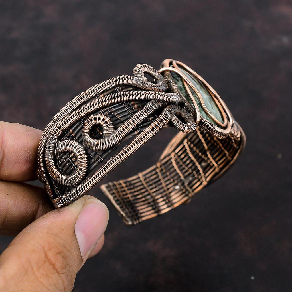 Браслет-манжета с серафинитом, браслет из медной проволоки, браслет ручной работы, ювелирные изделия из натуральных драгоценных камней, медный браслет-манжета, регулируемый браслет, ювелирные изделия из проволочной обмотки