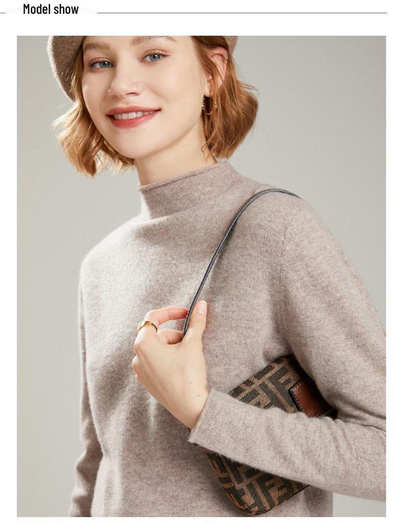 Женский кашемировый свитер из чистой шерсти с полувысоким воротником - Приталенный крой, Универсальный вязаный дизайн