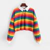 Korean Style Women's Rainbow Striped Long Sleeve Polo Hoodie Sweater