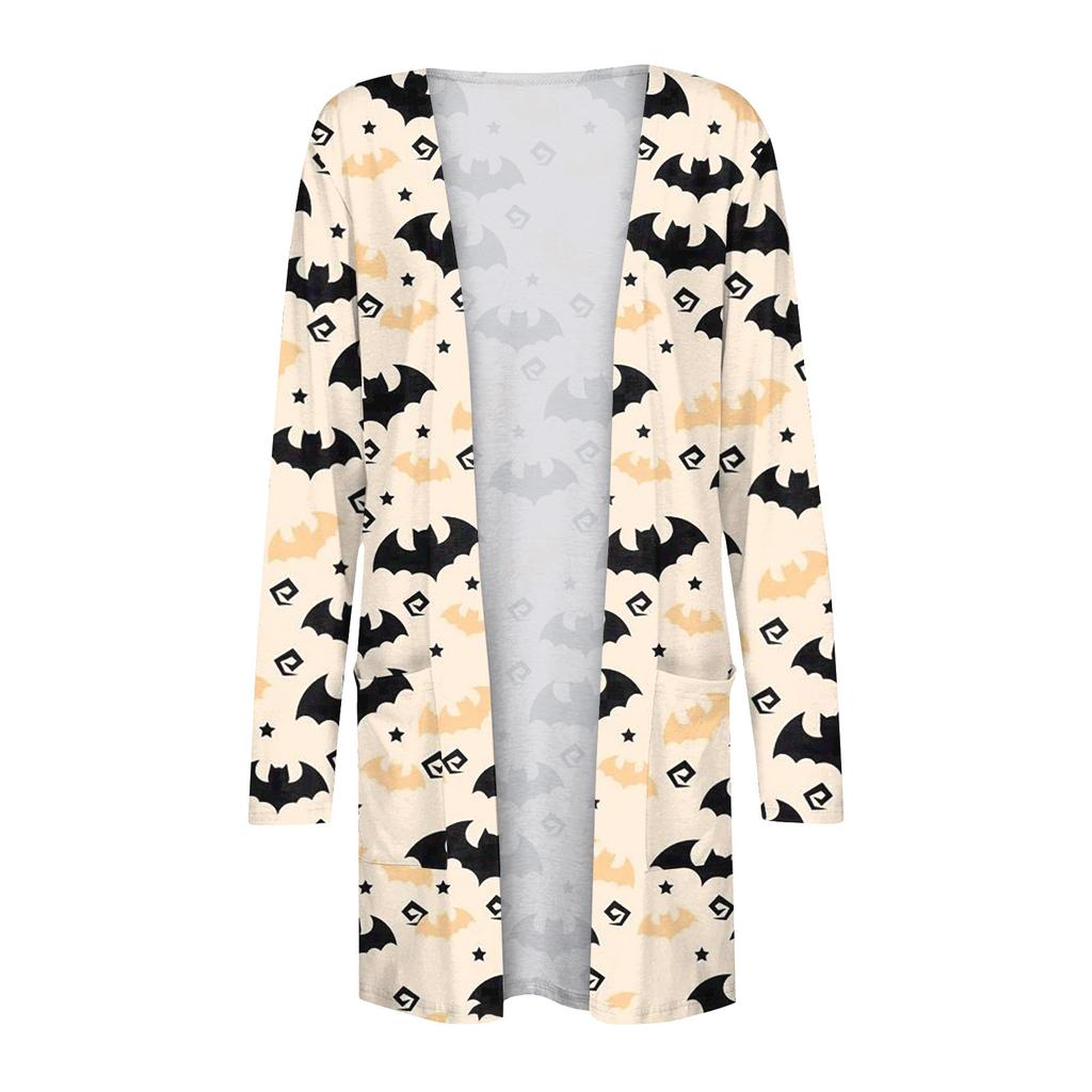 Женская модная повседневная куртка-кардиган средней длины с длинным рукавом и принтом на Хэллоуин