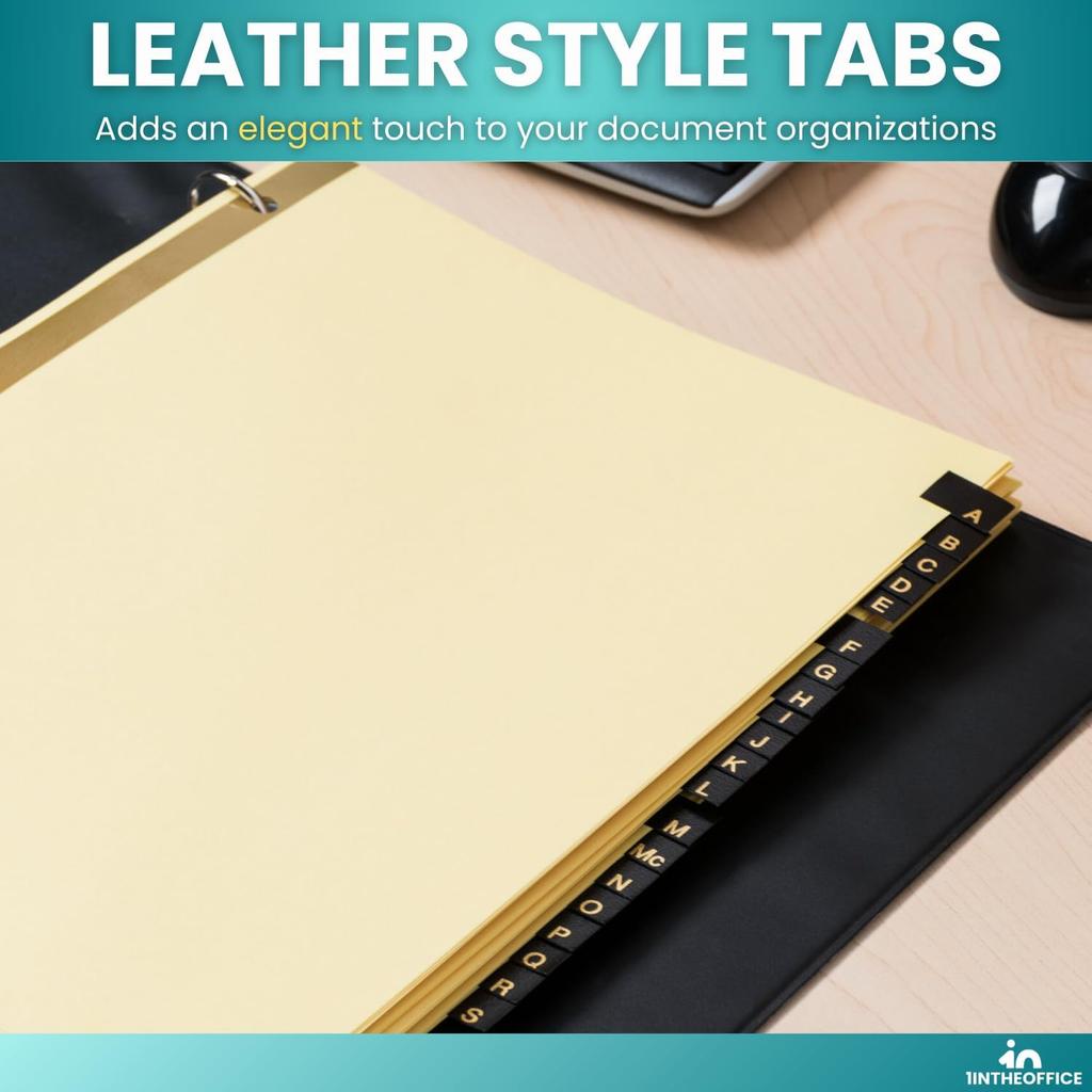 1InTheOffice Alphabet Dividers for 3 Ring Binder, A-Z Leather Dividers, 25-Tab, Black