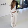 Soft Spring Autumn Clothes Women Sweatshirt Pants 2-Piece Set, V Neck Slim Fit Top & High Tops Waisted Wide Leg Trousers, Solid Color Lounge