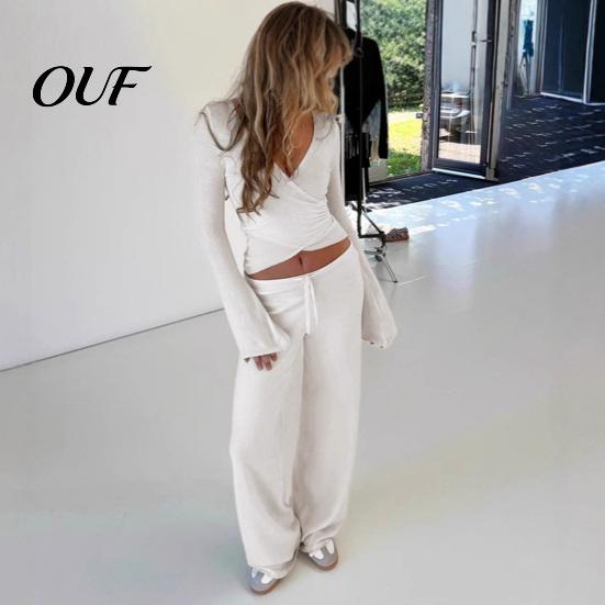 Soft Spring Autumn Clothes Women Sweatshirt Pants 2-Piece Set, V Neck Slim Fit Top & High Tops Waisted Wide Leg Trousers, Solid Color Lounge