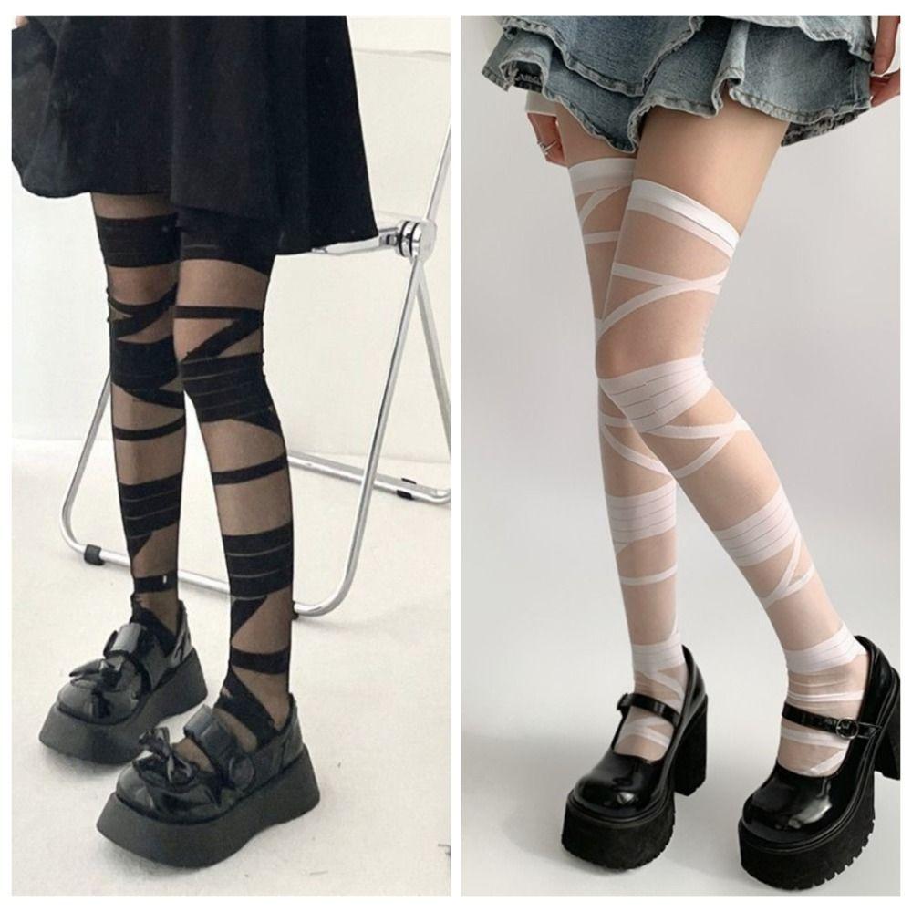 Lolita JK Style High Tube Long Socks Nylon Above Knee Stocking Transparent Stripe Stockings  Summer
