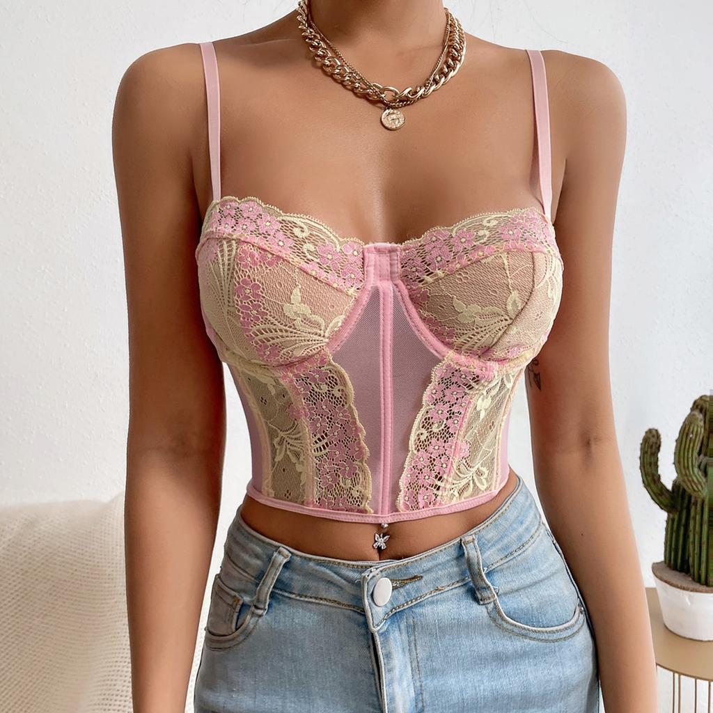 Women Summer Floral Lace Sexy Camisole Fashion Slim Bodycon Basic Suspender Tops Party Ins Streetwear Retro Mesh Camis